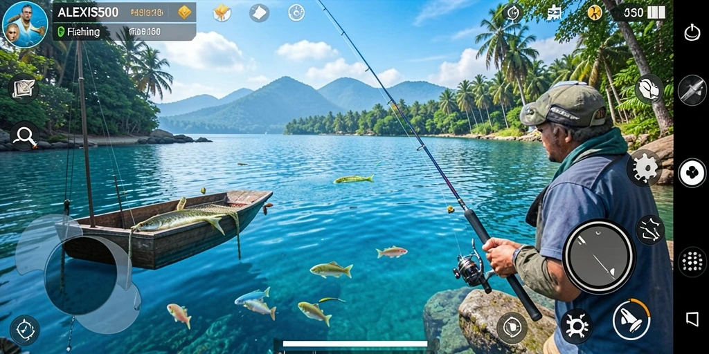 Tampilan gameplay ALEXIS500 yang menampilkan aksi memancing yang seru.