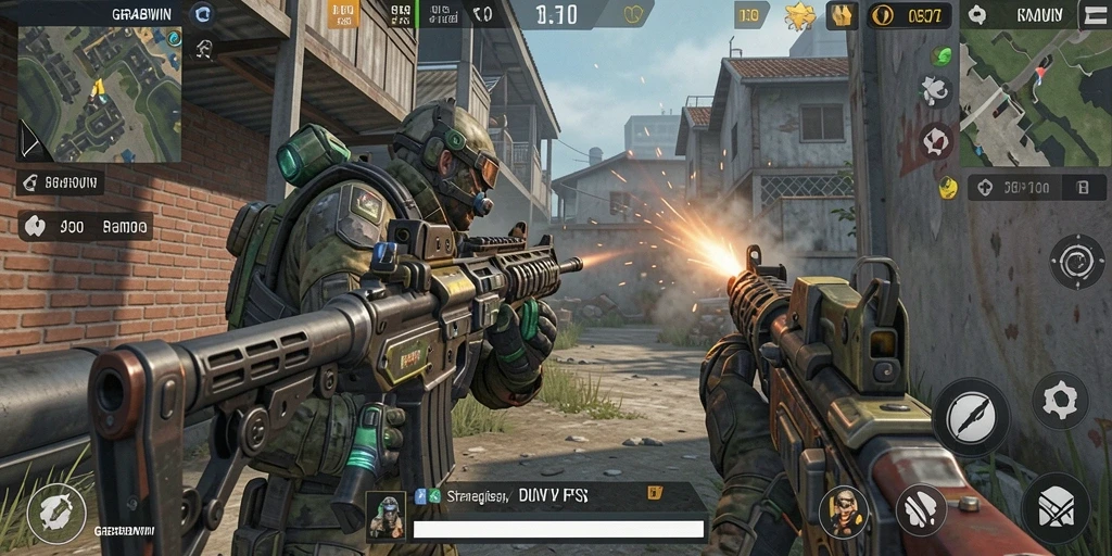Tangkapan layar permainan GRABWIN menampilkan aksi FPS yang intens.